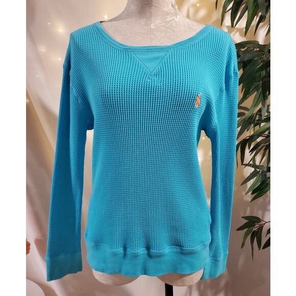 Polo Ralph Lauren Waffle Knit Thermal Boatneck Pullover Womens Size L Turquoise - Picture 1 of 9